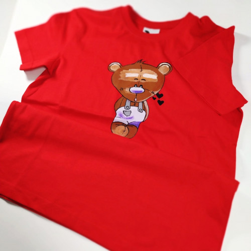 Ručne maľované detské červené tričko MACKO - fialový