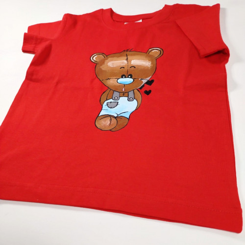 Ručne maľované detské  červené tričko MACKO - modrý