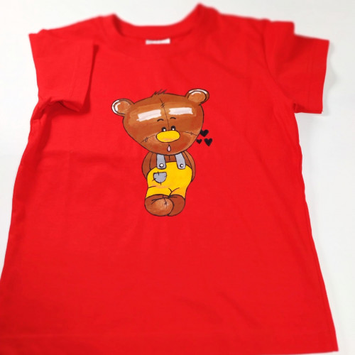 Ručne maľované detské červené tričko MACKO - žltý
